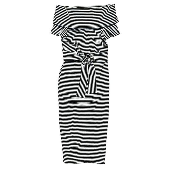 Vici Off the Shoulder Front Tie Black & White Striped Bodycon Pencil Dress M - Picture 2 of 7